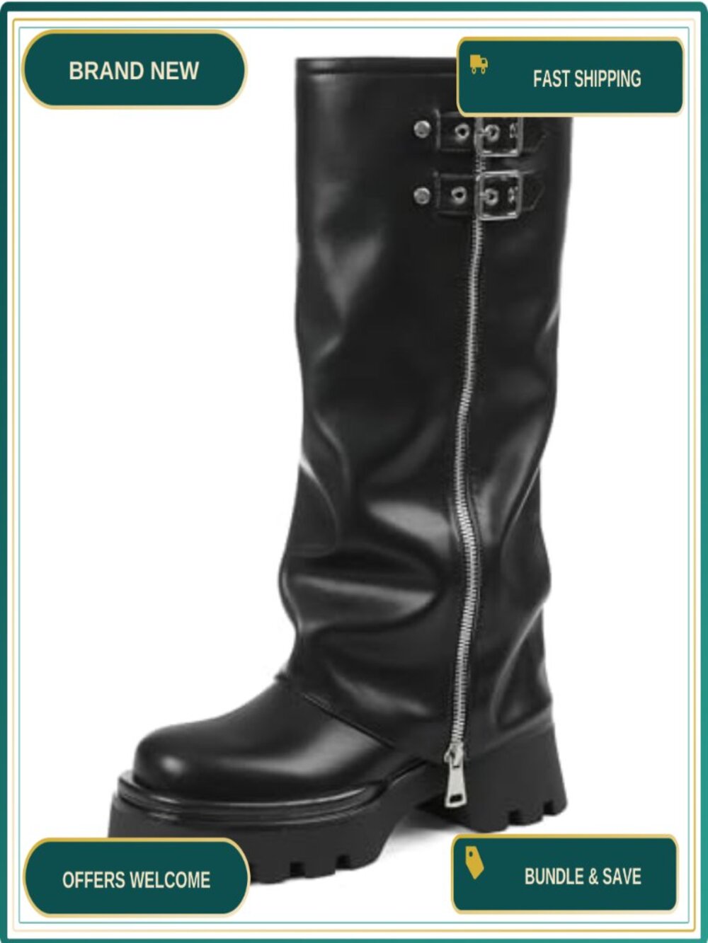Lyrisiphy Faux Leather Platform Knee High Boots Fold Over Combat
